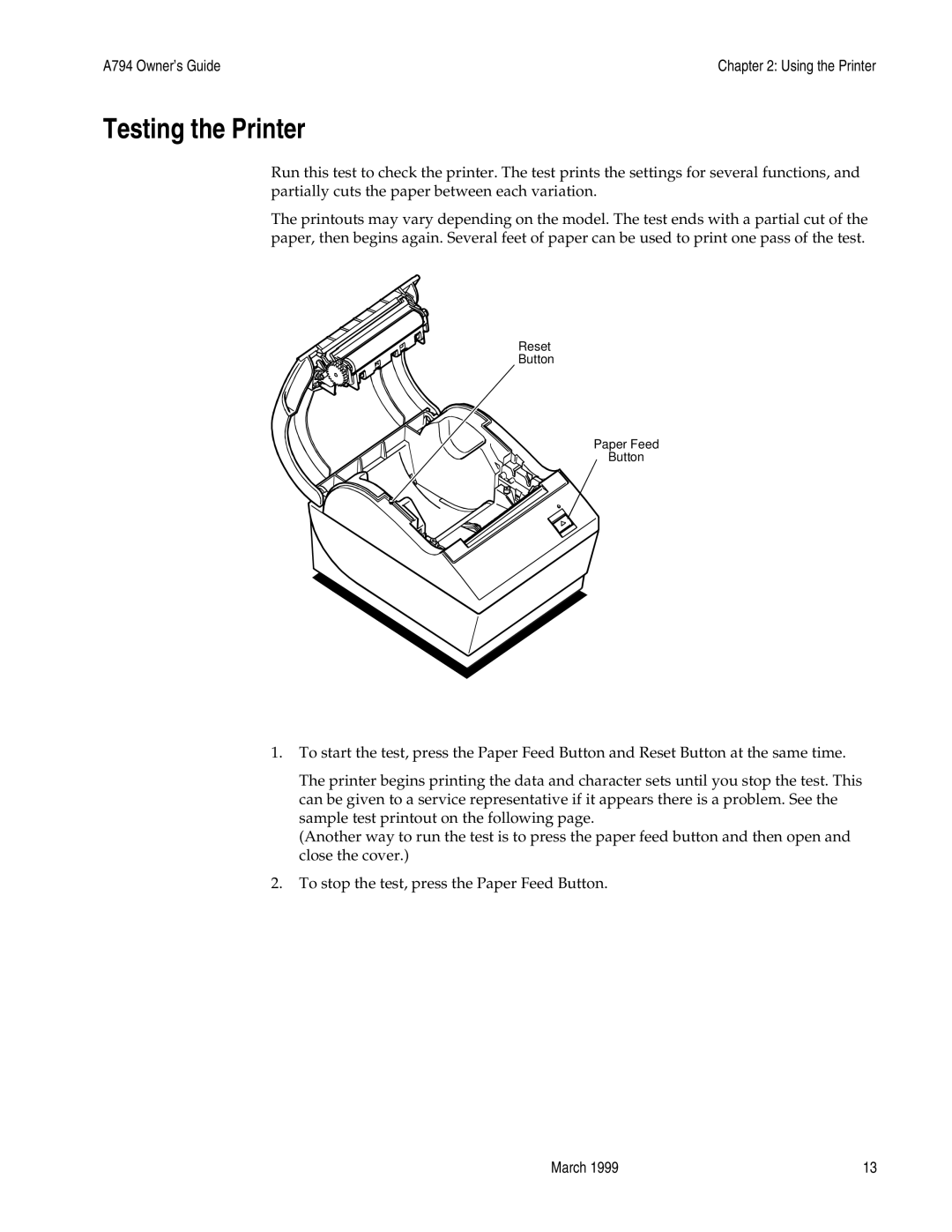 Epson A794-D100 manual Testing the Printer 