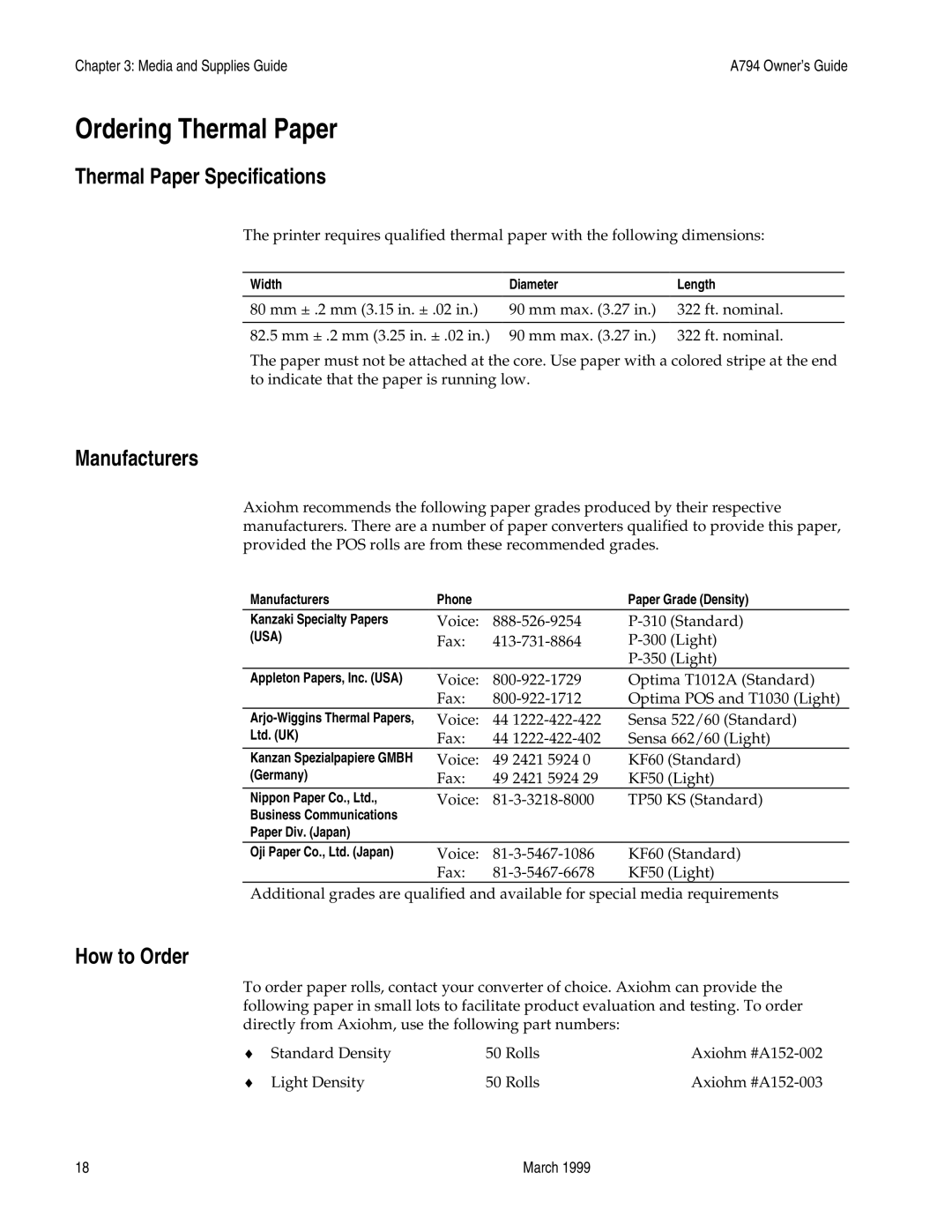 Epson A794-D100 manual Ordering Thermal Paper, Thermal Paper Specifications, Manufacturers, How to Order 