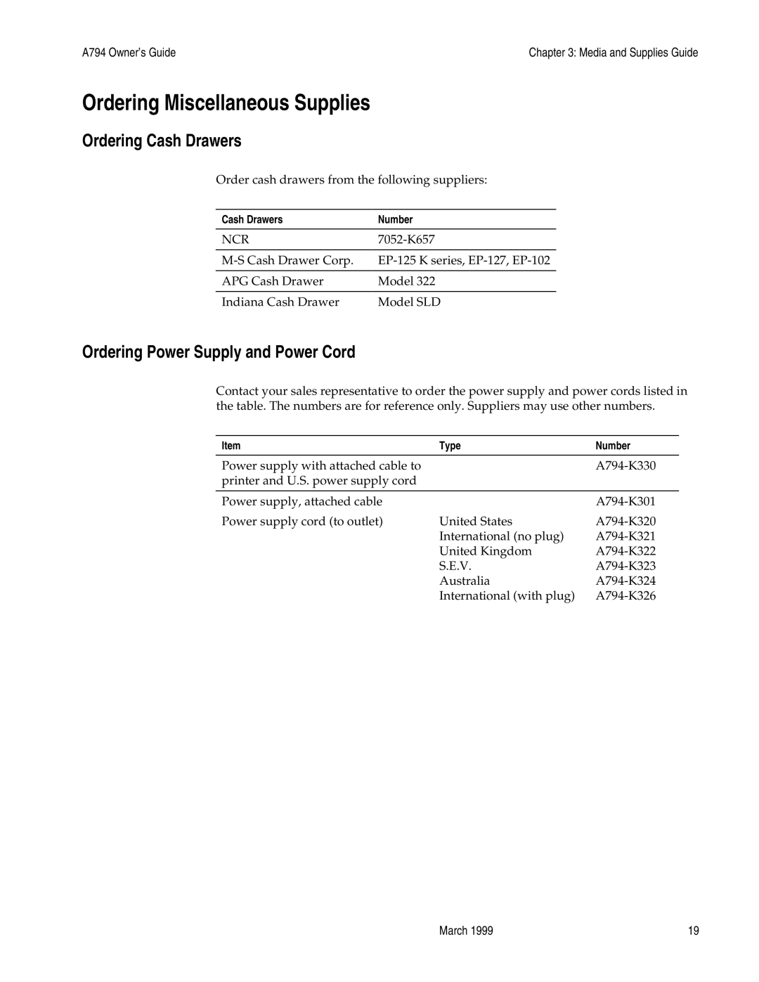 Epson A794-D100 manual Ordering Miscellaneous Supplies, Ordering Cash Drawers, Ordering Power Supply and Power Cord 