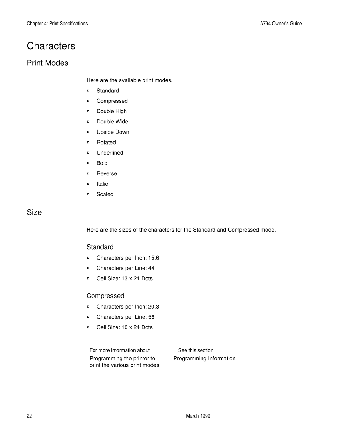 Epson A794-D100 manual Characters, Print Modes, Size, Standard, Compressed 