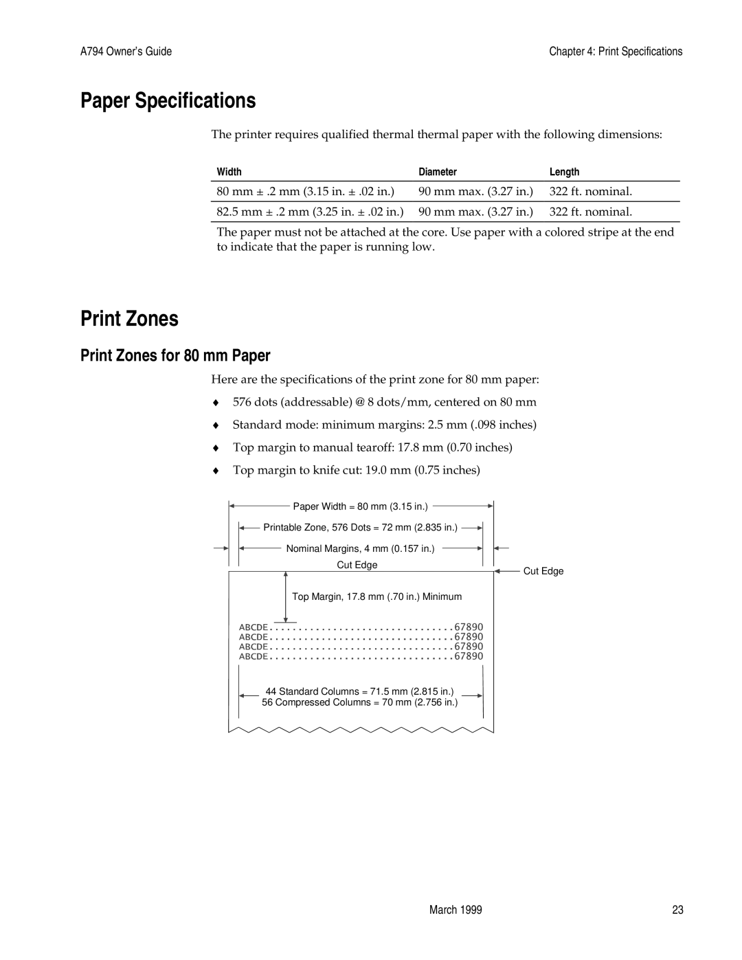 Epson A794-D100 manual Paper Specifications, Print Zones for 80 mm Paper 