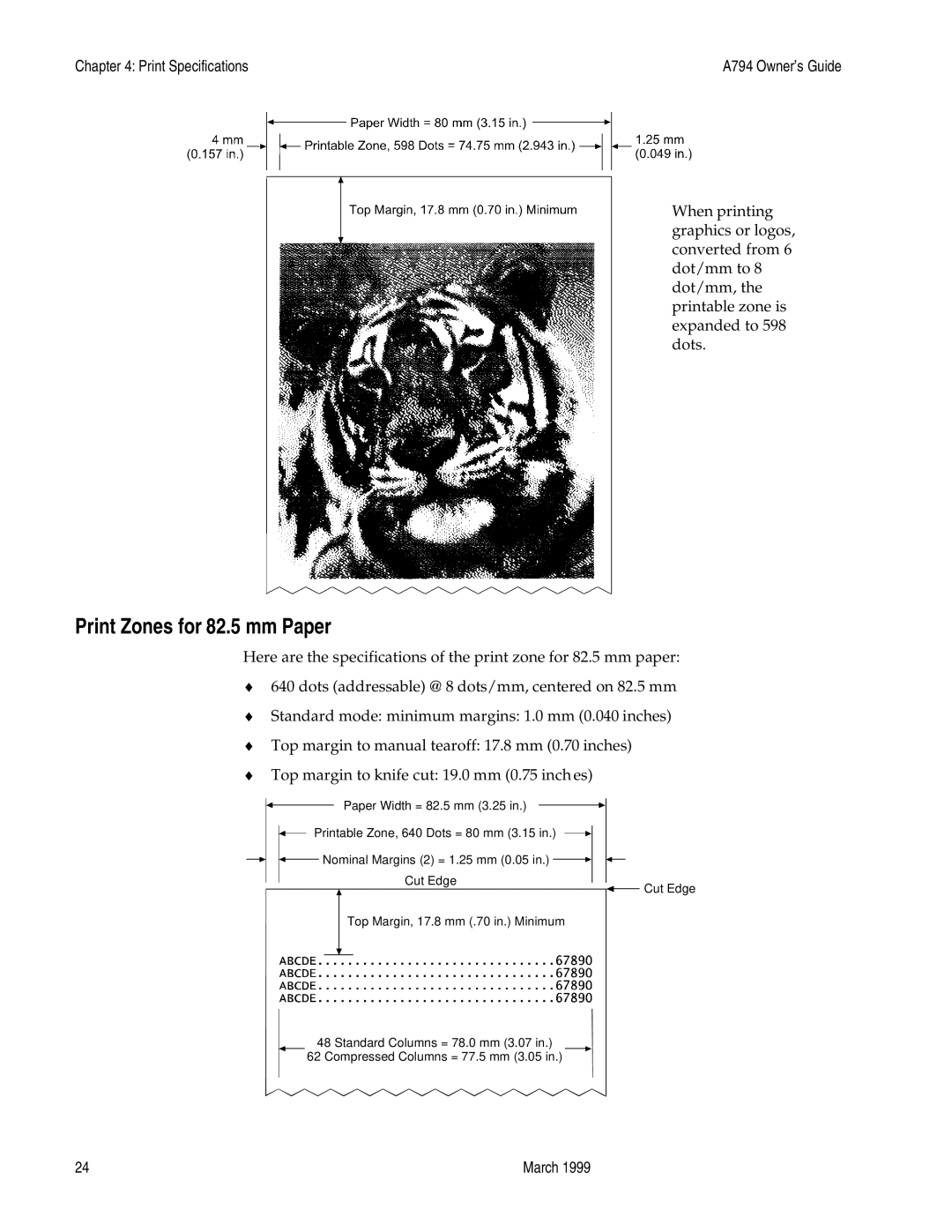 Epson A794-D100 manual Print Zones for 82.5 mm Paper 