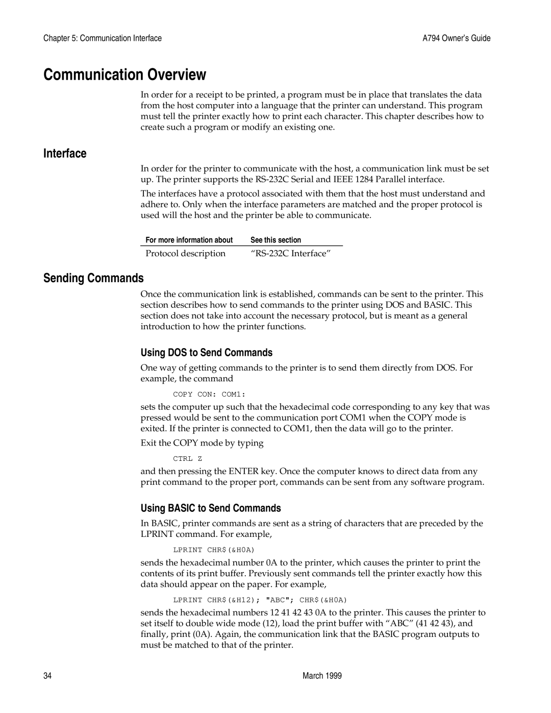 Epson A794-D100 manual Communication Overview, Interface, Sending Commands, Using DOS to Send Commands 