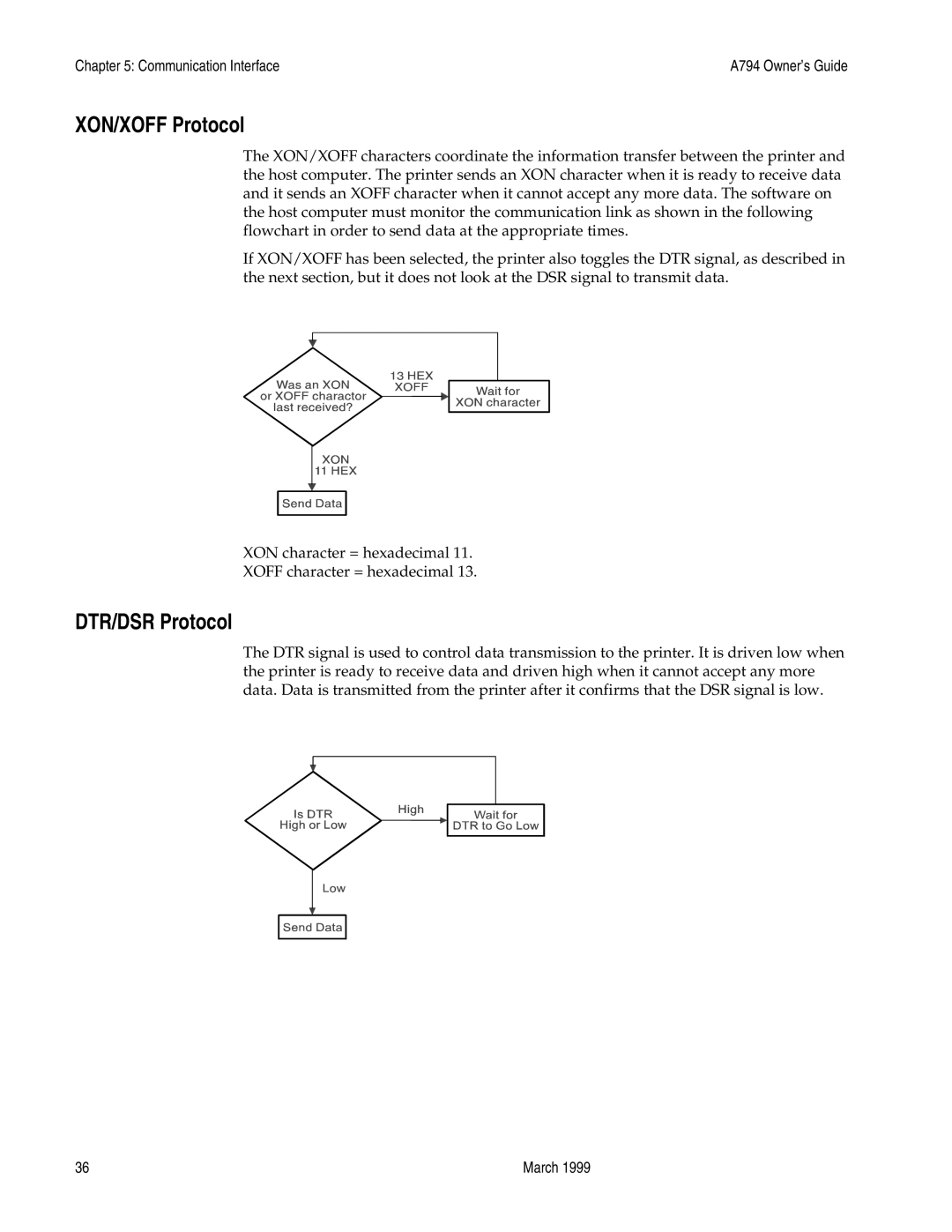 Epson A794-D100 manual XON/XOFF Protocol, DTR/DSR Protocol 