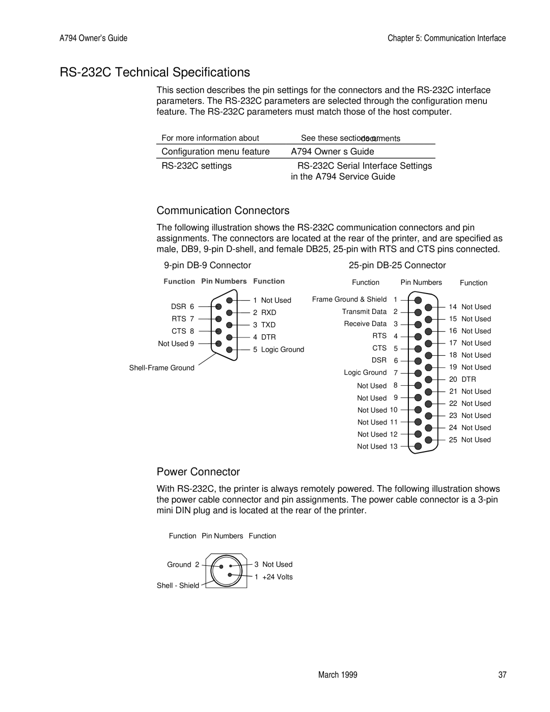 Epson A794-D100 manual RS-232C Technical Specifications, Communication Connectors, Power Connector 