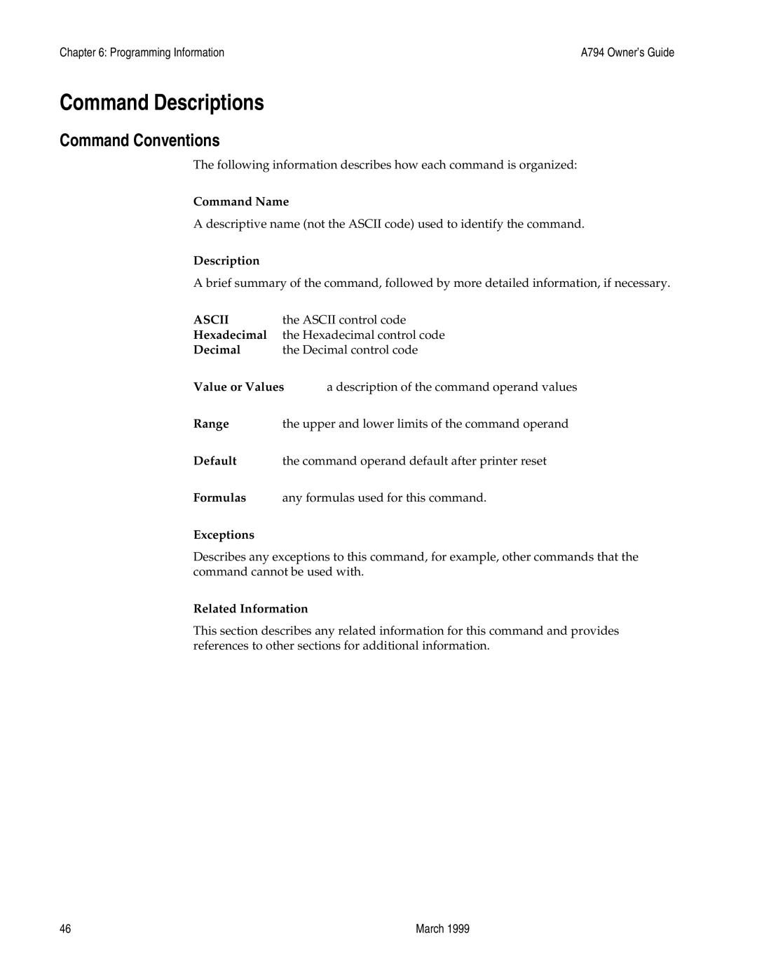 Epson A794-D100 manual Command Descriptions, Command Conventions 