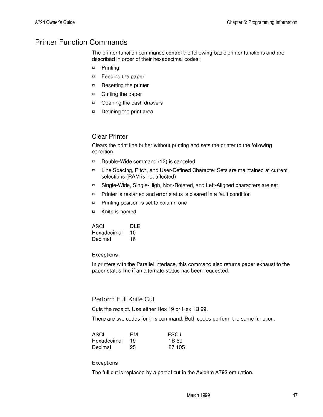 Epson A794-D100 manual Printer Function Commands, Clear Printer, Perform Full Knife Cut, Hexadecimal Decimal Exceptions 