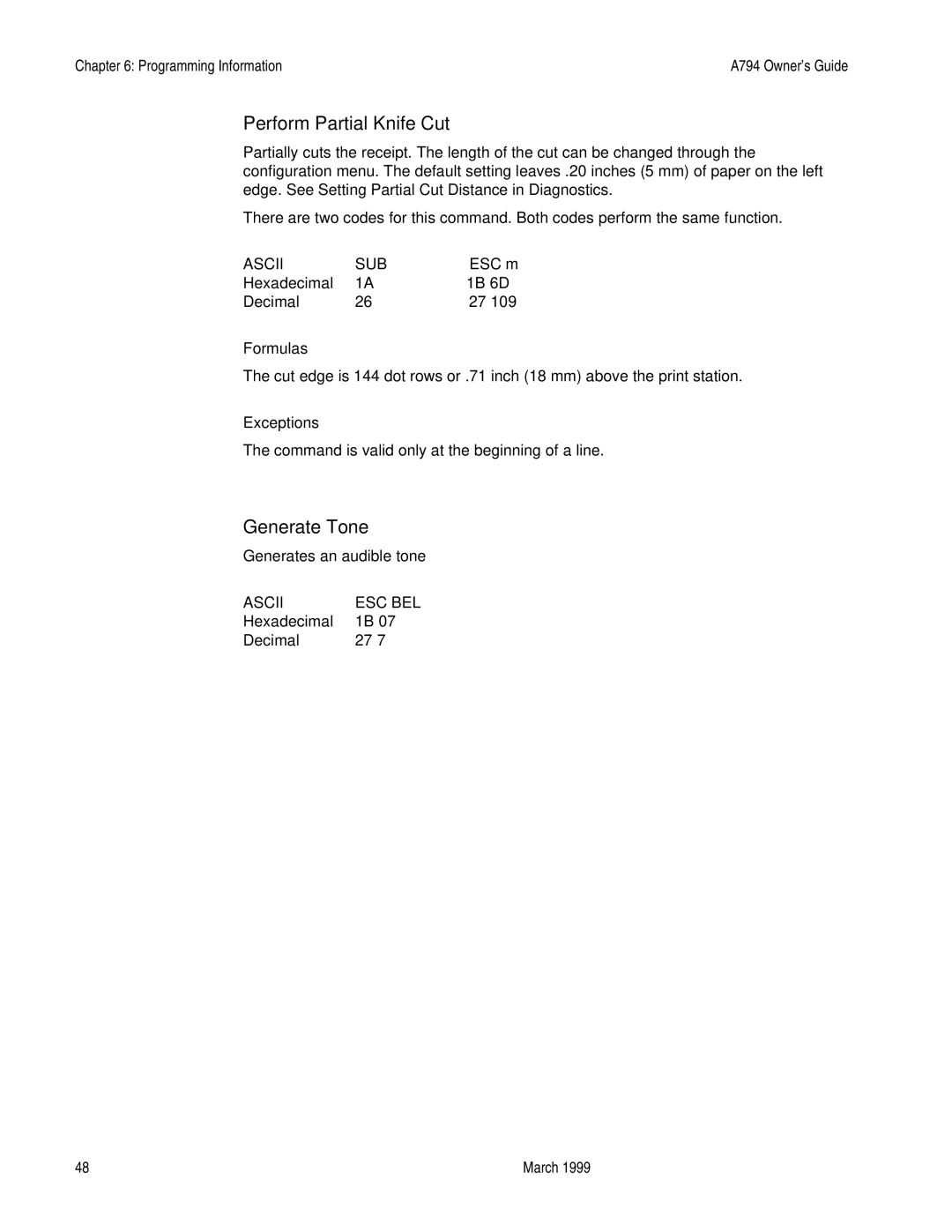 Epson A794-D100 manual Perform Partial Knife Cut, Generate Tone, Decimal Formulas, Hexadecimal Decimal 