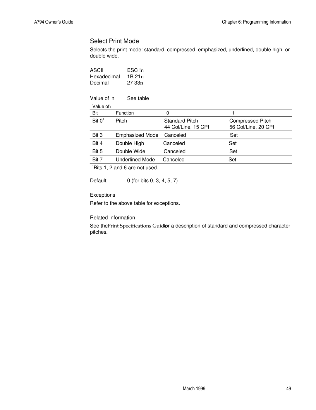 Epson A794-D100 manual Select Print Mode, Value of n 