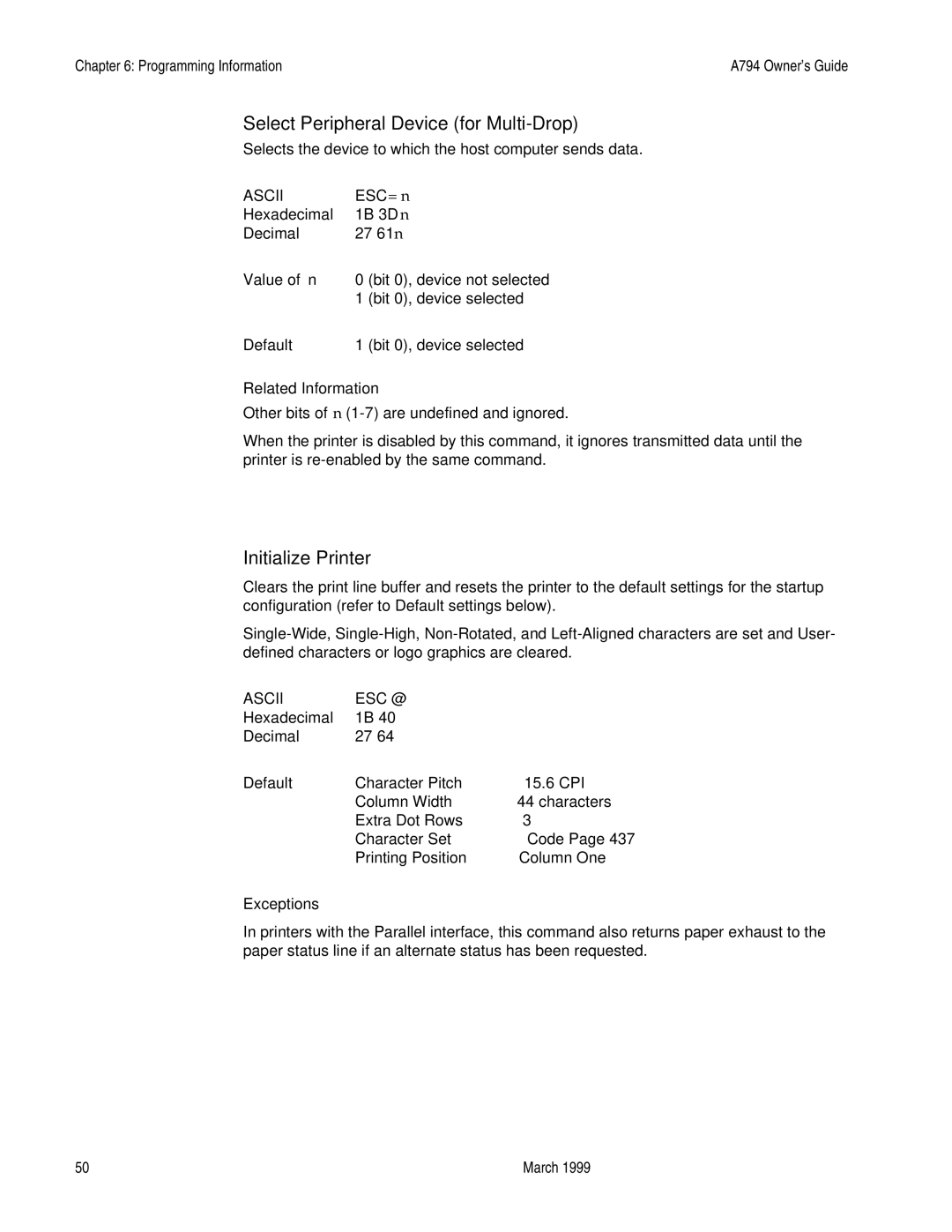 Epson A794-D100 manual Select Peripheral Device for Multi-Drop, Initialize Printer, Hexadecimal Decimal Default 