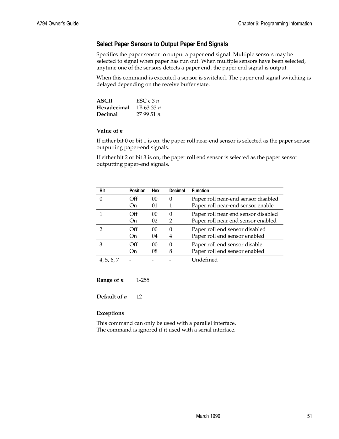 Epson A794-D100 manual Select Paper Sensors to Output Paper End Signals, Range of n, Default of n Exceptions 