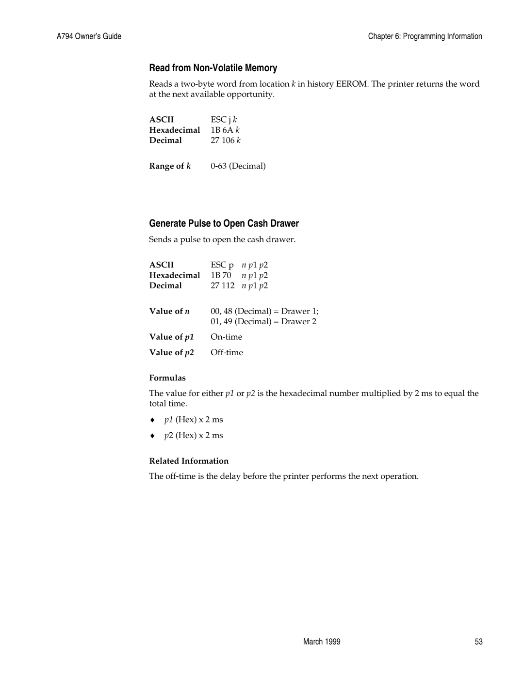 Epson A794-D100 Read from Non-Volatile Memory, Generate Pulse to Open Cash Drawer, Range of k, Value of p1, Value of p2 