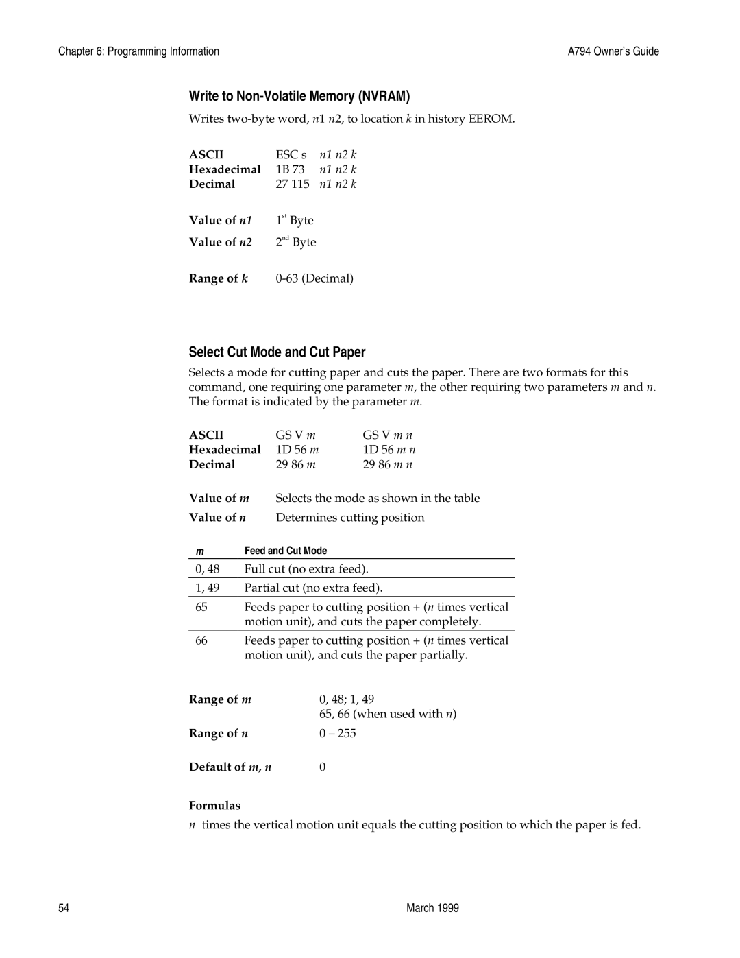 Epson A794-D100 Write to Non-Volatile Memory Nvram, Select Cut Mode and Cut Paper, Value of n1, Value of n2, Value of m 