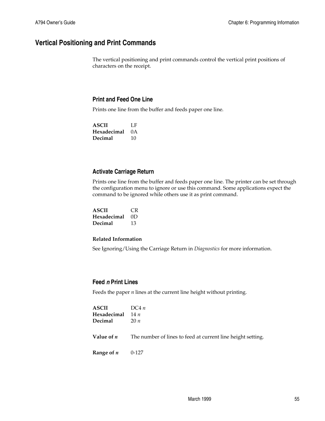 Epson A794-D100 manual Vertical Positioning and Print Commands, Print and Feed One Line, Activate Carriage Return 