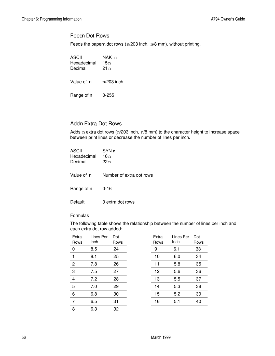 Epson A794-D100 manual Feed n Dot Rows, Add n Extra Dot Rows, Range of n Default 