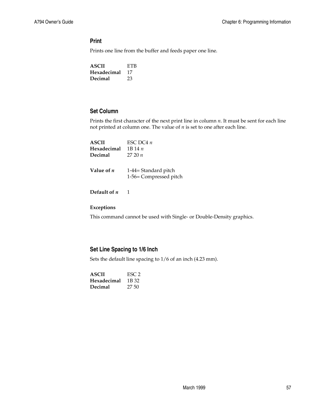 Epson A794-D100 manual Print, Set Column, Set Line Spacing to 1/6 Inch 