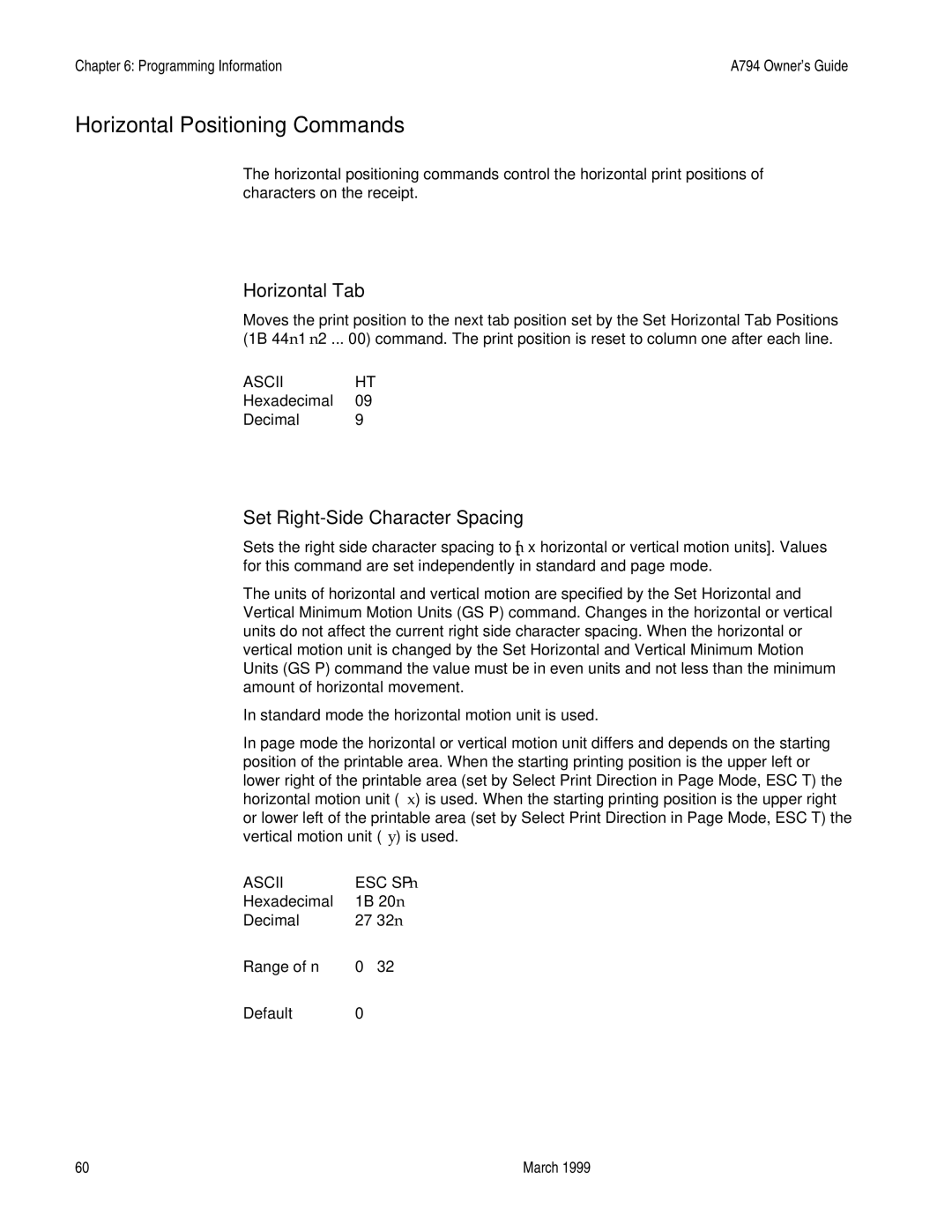 Epson A794-D100 manual Horizontal Positioning Commands, Horizontal Tab, Set Right-Side Character Spacing 