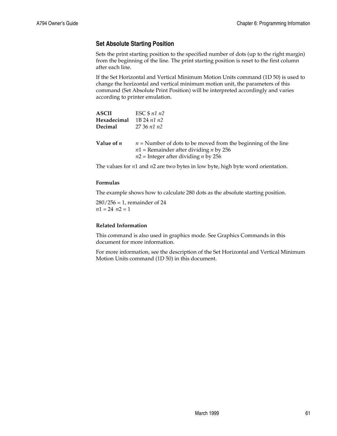 Epson A794-D100 manual Set Absolute Starting Position, Formulas 