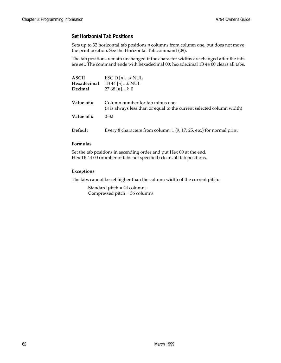 Epson A794-D100 manual Set Horizontal Tab Positions, Value of k Default 