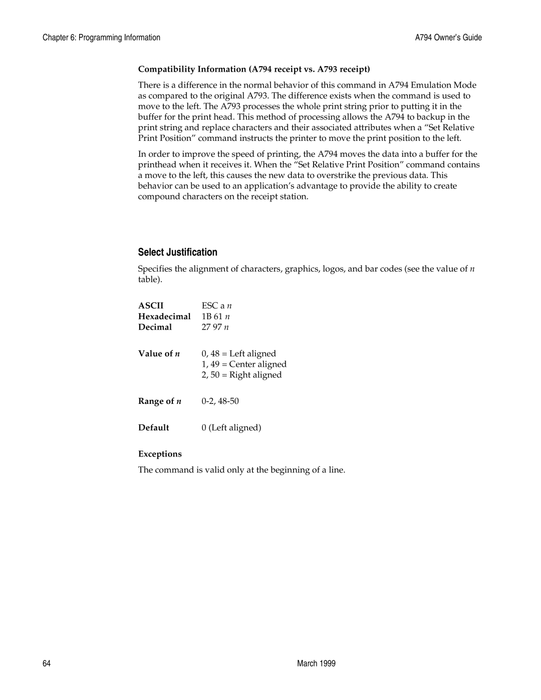 Epson A794-D100 manual Select Justification, Compatibility Information A794 receipt vs. A793 receipt 