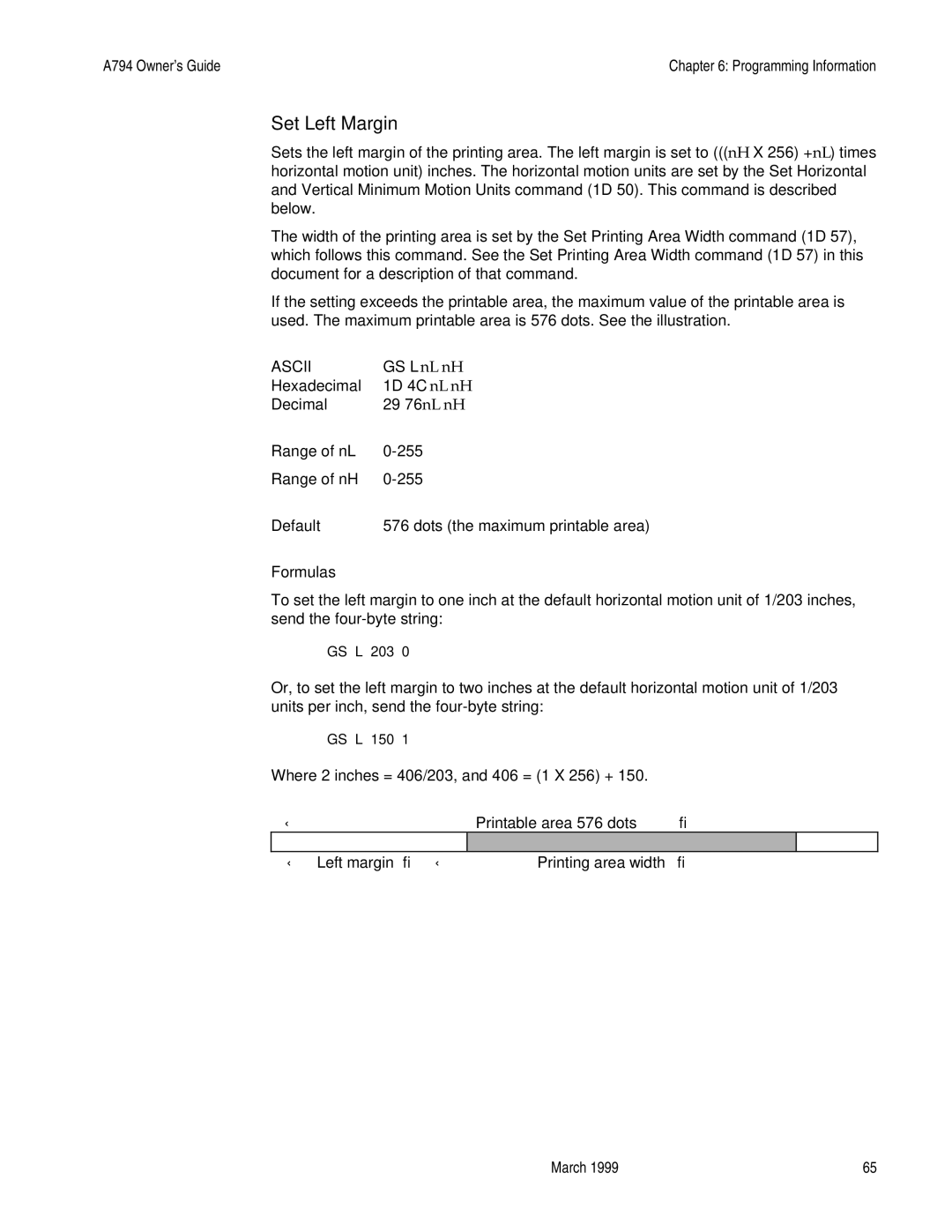 Epson A794-D100 manual Set Left Margin, Range of nL, Range of nH 