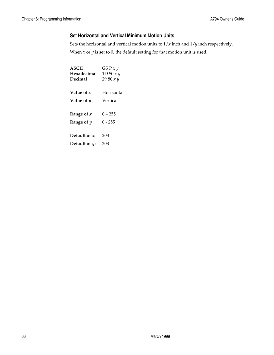 Epson A794-D100 manual Set Horizontal and Vertical Minimum Motion Units, GS P x y 