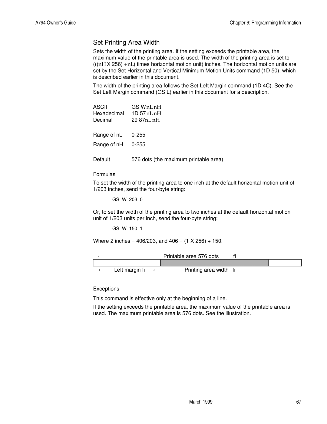 Epson A794-D100 manual Set Printing Area Width, Exceptions 