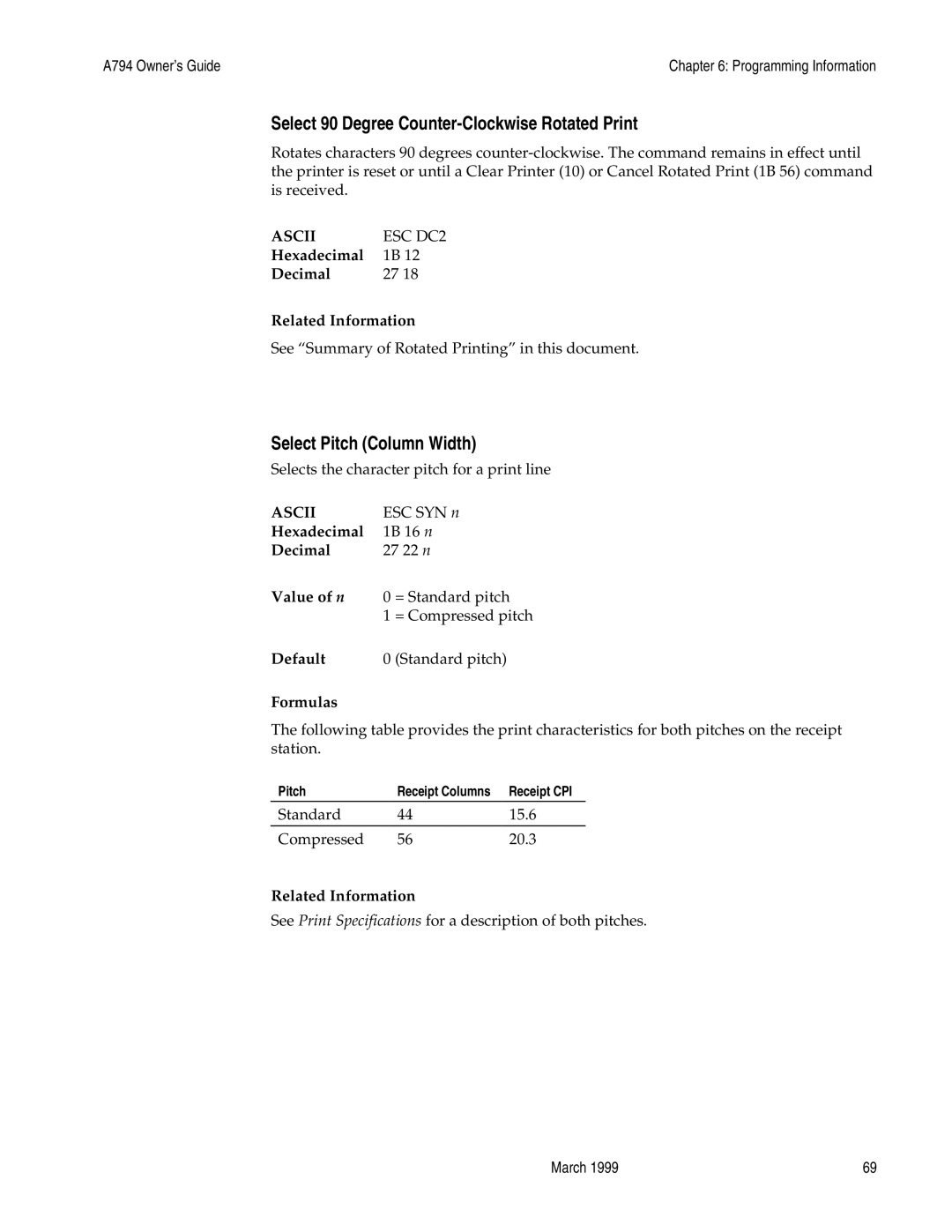 Epson A794-D100 manual Select 90 Degree Counter-Clockwise Rotated Print, Select Pitch Column Width 