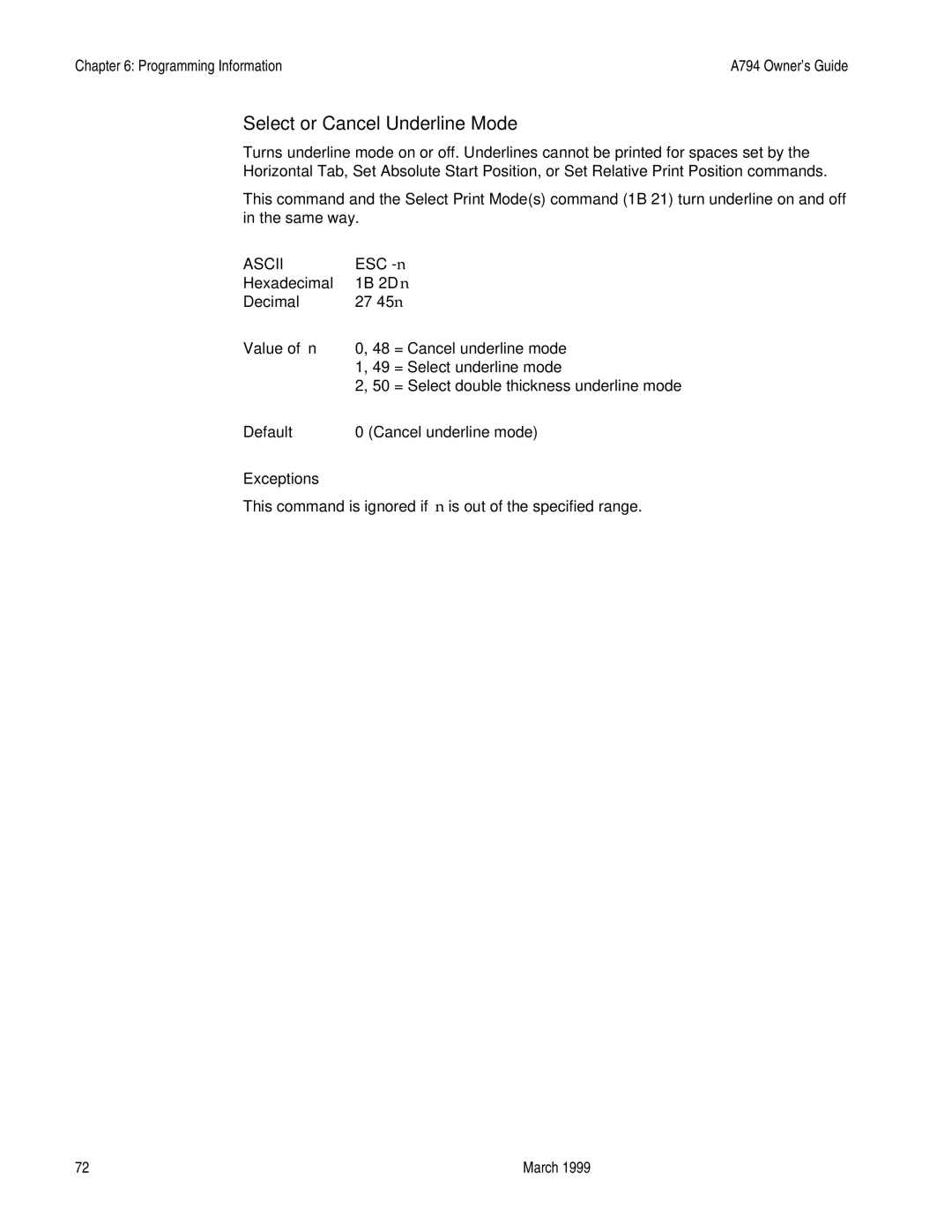 Epson A794-D100 manual Select or Cancel Underline Mode, Exceptions 