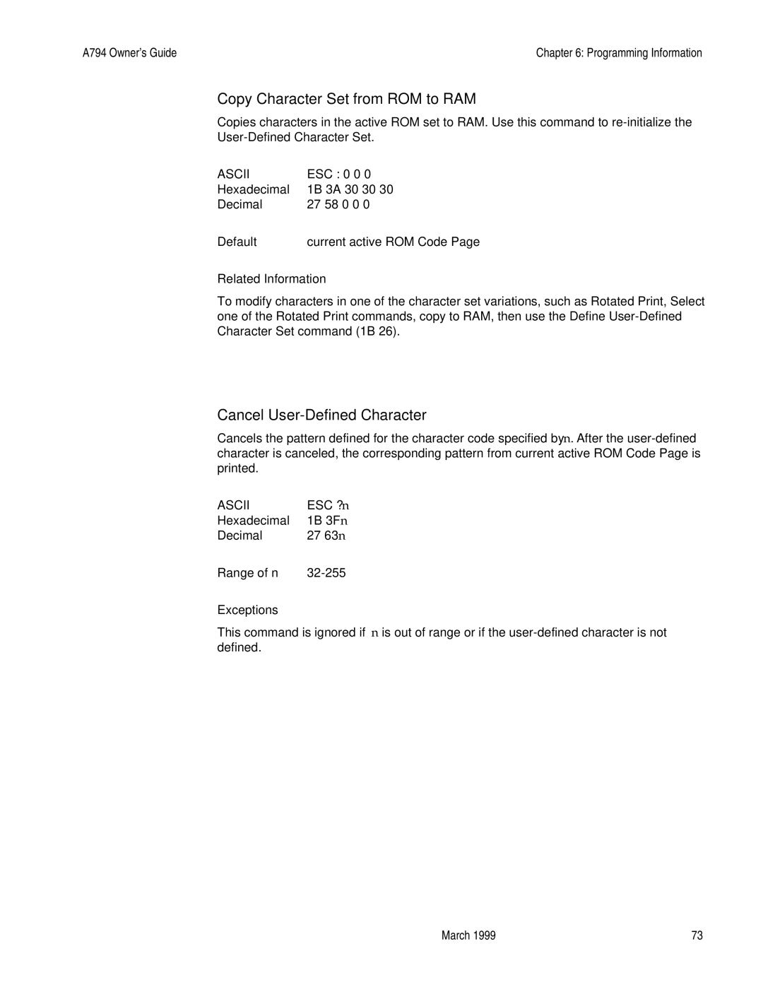 Epson A794-D100 manual Copy Character Set from ROM to RAM, Cancel User-Defined Character, ESC 0 0 