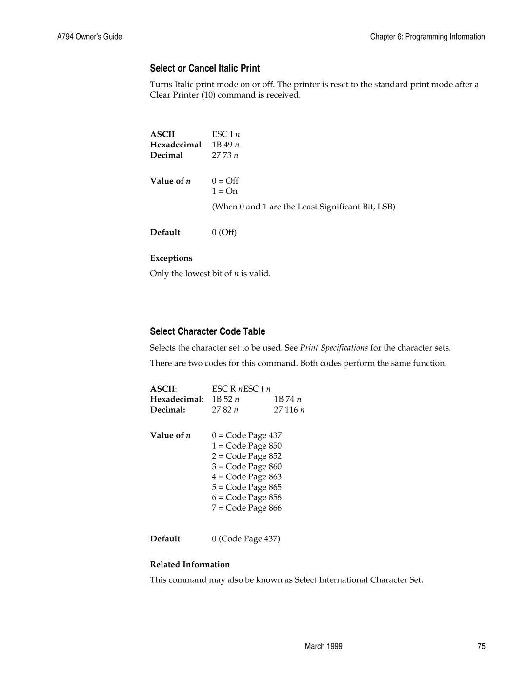 Epson A794-D100 manual Select or Cancel Italic Print, Select Character Code Table 