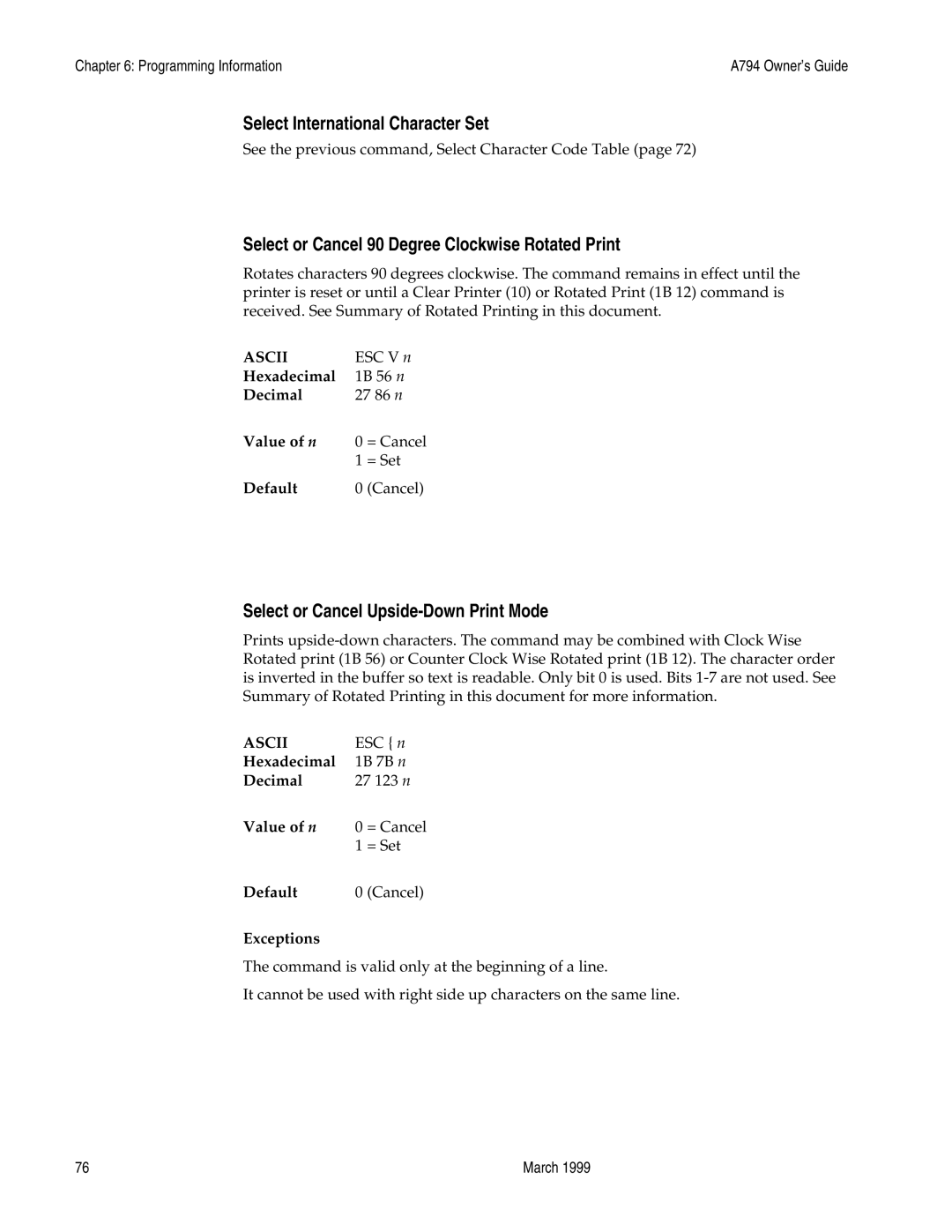 Epson A794-D100 manual Select International Character Set, Select or Cancel 90 Degree Clockwise Rotated Print 