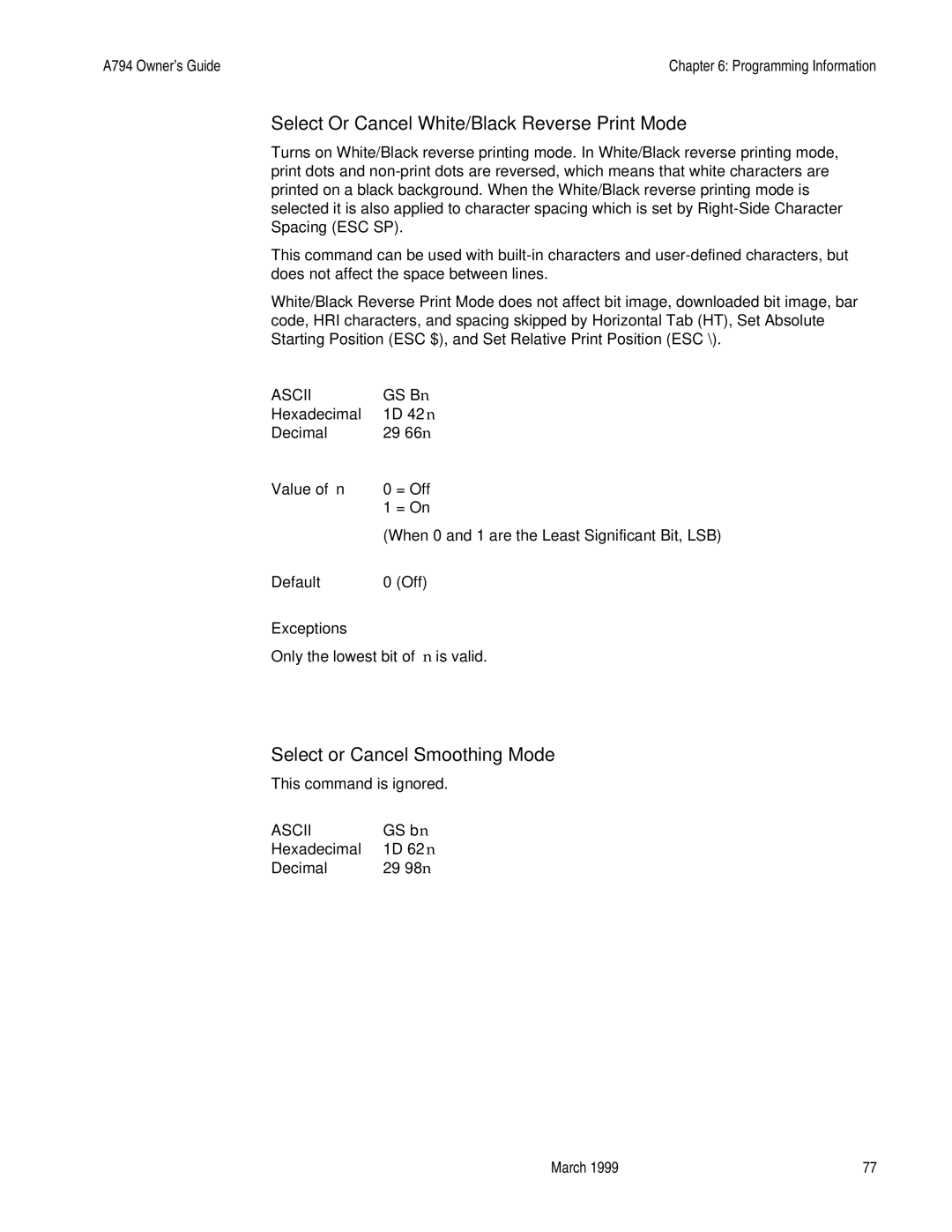 Epson A794-D100 manual Select Or Cancel White/Black Reverse Print Mode, Select or Cancel Smoothing Mode 