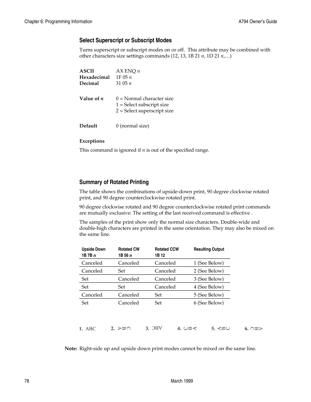 Epson A794-D100 manual Select Superscript or Subscript Modes, Summary of Rotated Printing 