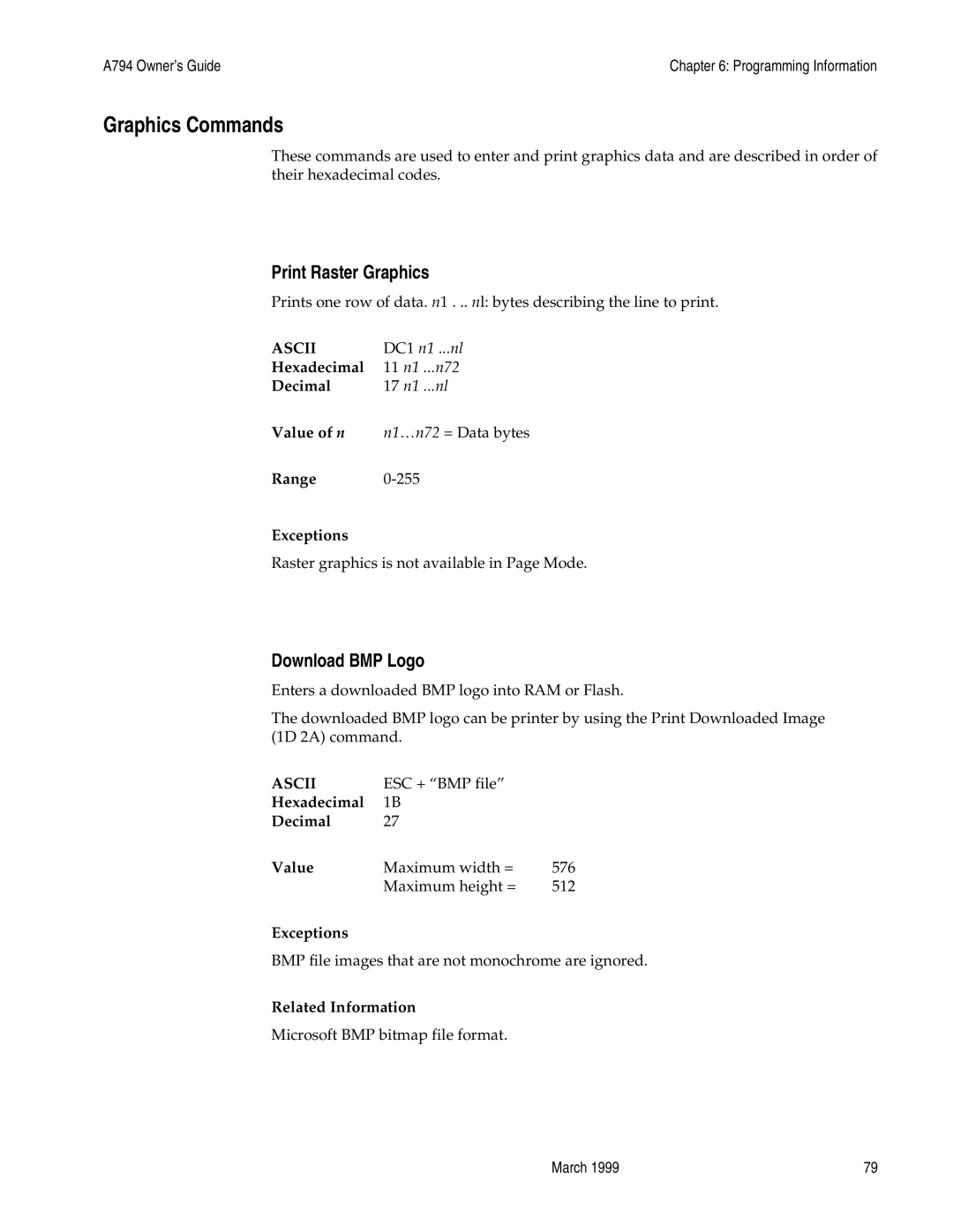 Epson A794-D100 manual Graphics Commands, Print Raster Graphics, Download BMP Logo, Hexadecimal Decimal Value 