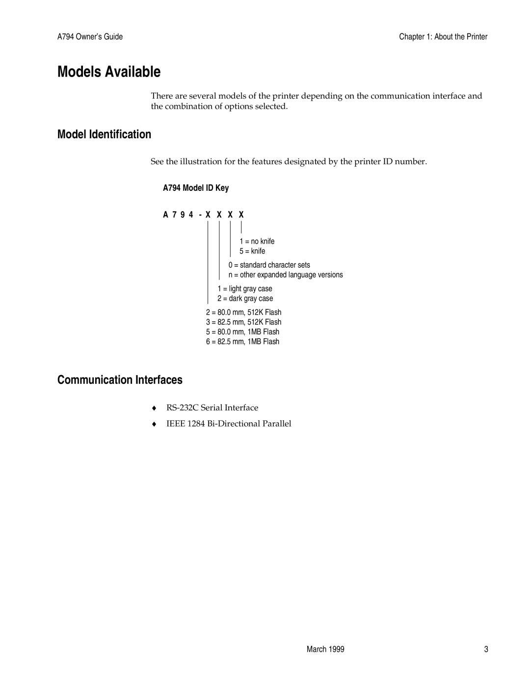 Epson A794-D100 manual Models Available, Model Identification, Communication Interfaces 