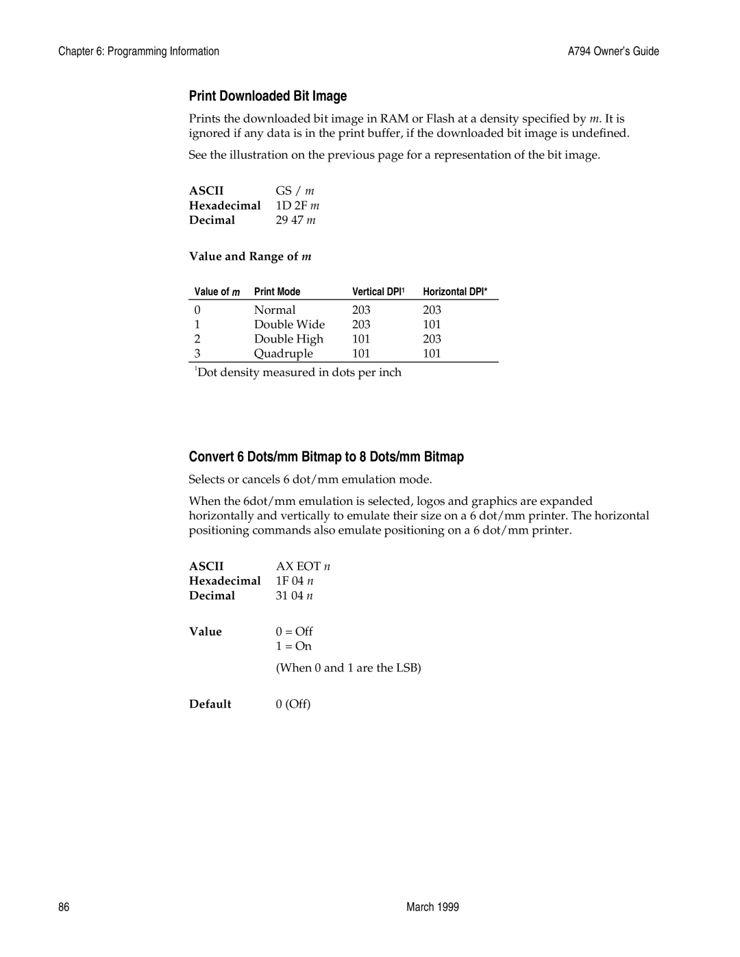 Epson A794-D100 Print Downloaded Bit Image, Convert 6 Dots/mm Bitmap to 8 Dots/mm Bitmap, Hexadecimal 1D 2F m Decimal 