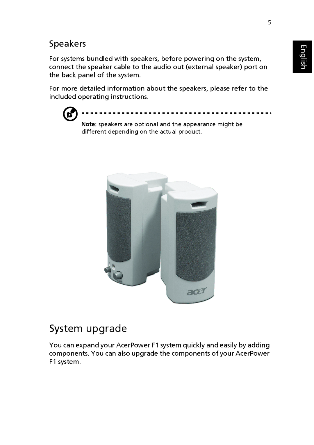 Epson AcerPower F1 user manual System upgrade, Speakers 