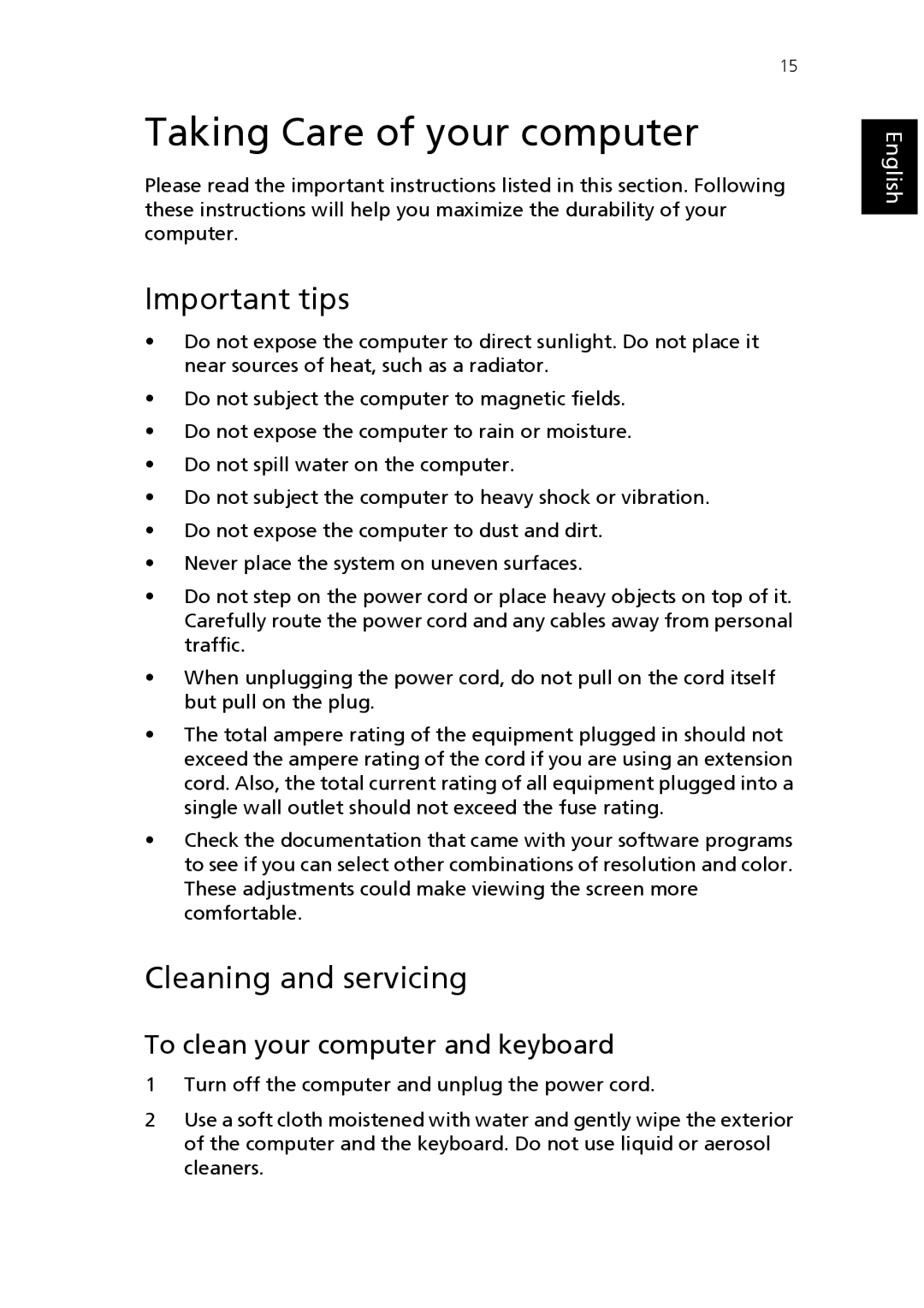 Epson AcerPower F1 user manual Taking Care of your computer, Important tips, Cleaning and servicing 