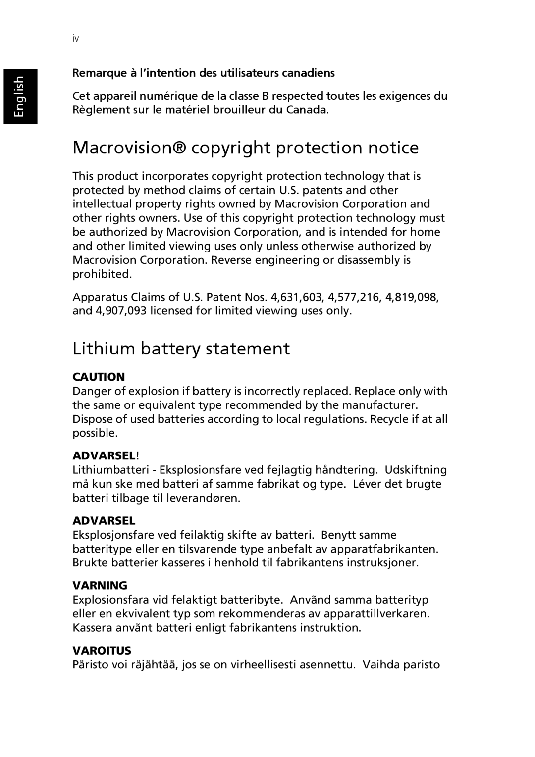 Epson AcerPower F1 user manual Macrovision copyright protection notice, Lithium battery statement 