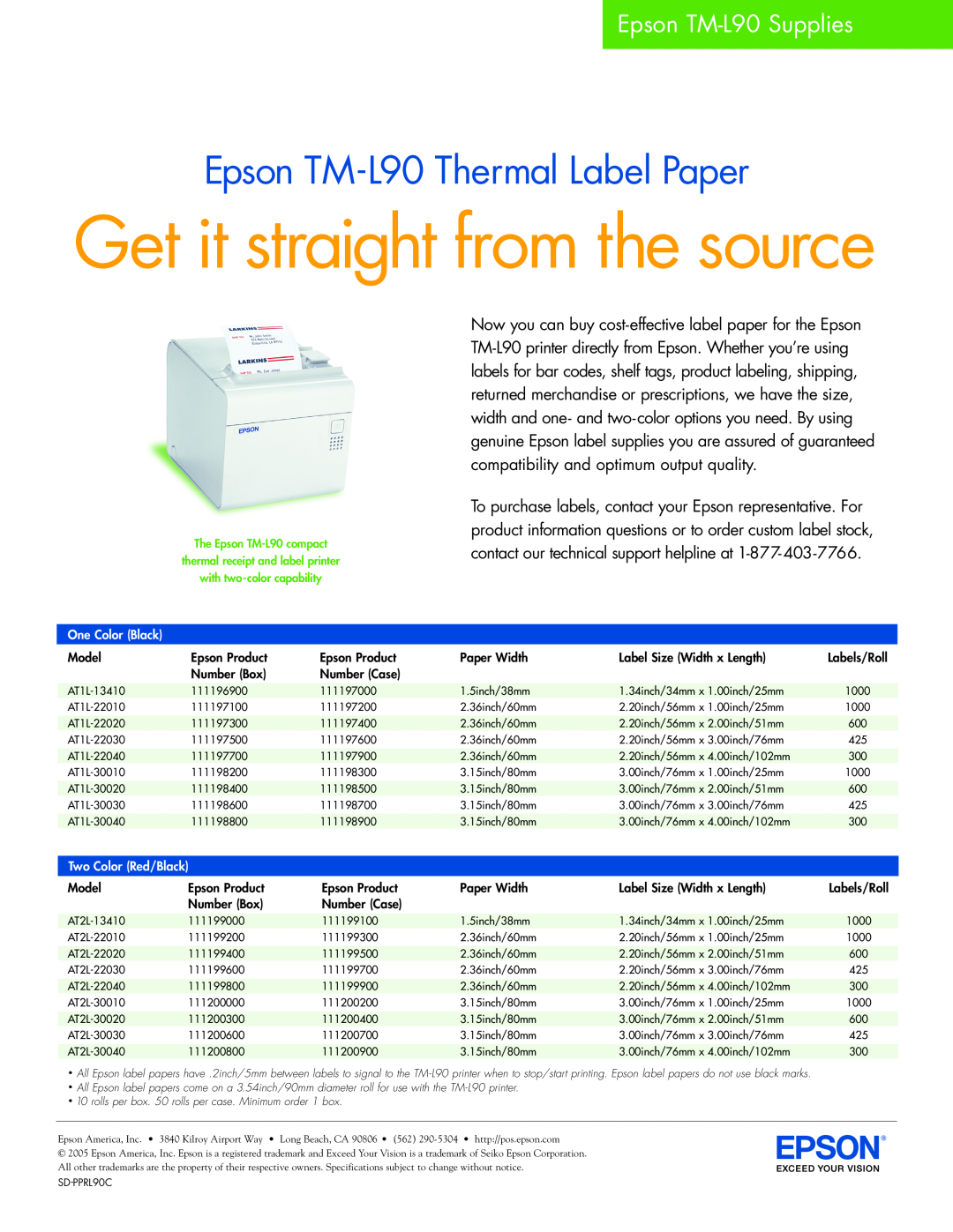Epson AT1L-30030 specifications Get it straight from the source, Epson TM-L90 Thermal Label Paper, Epson TM-L90 Supplies 