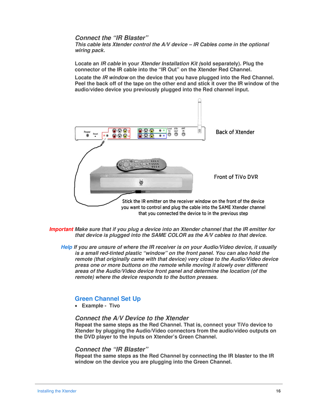 Epson Bocs installation manual Connect the IR Blaster, Green Channel Set Up, Connect the A/V Device to the Xtender 