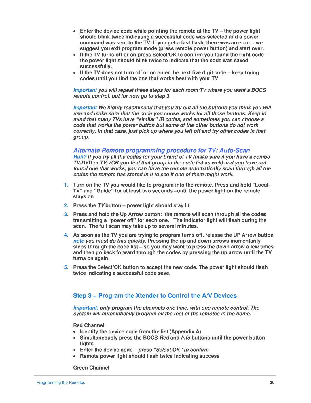 Epson Bocs Alternate Remote programming procedure for TV Auto-Scan, Program the Xtender to Control the A/V Devices 