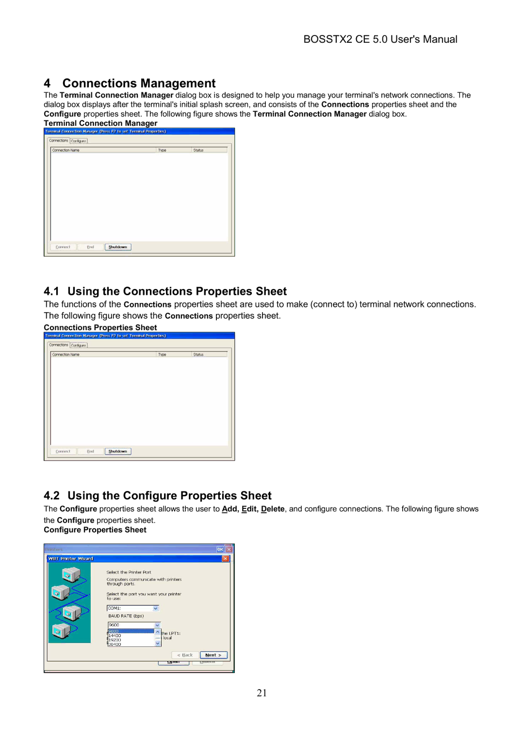 Epson BOSSTX2 CE 5.0 Connections Management, Using the Connections Properties Sheet, Using the Configure Properties Sheet 