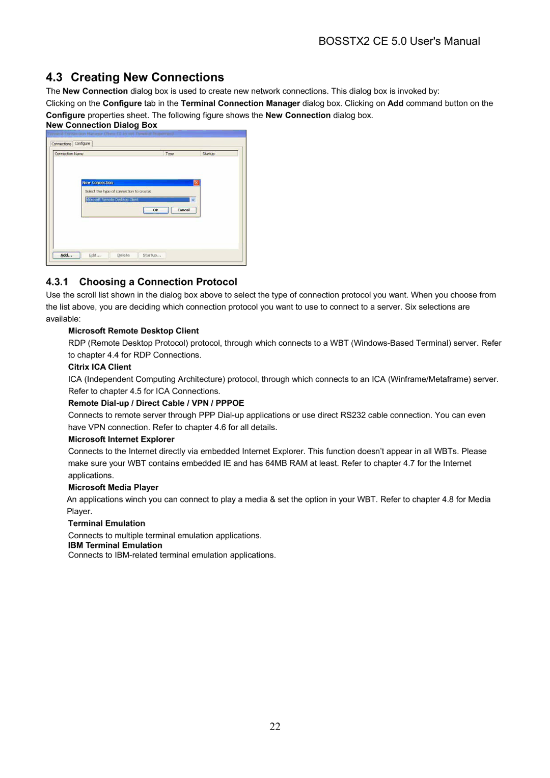 Epson BOSSTX2 CE 5.0 manual Creating New Connections, Choosing a Connection Protocol 