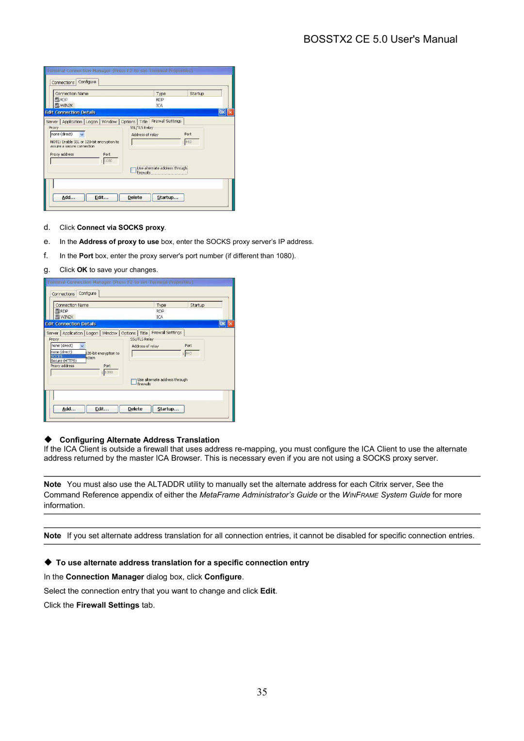 Epson BOSSTX2 CE 5.0 manual ‹ Configuring Alternate Address Translation, Click Connect via Socks proxy 