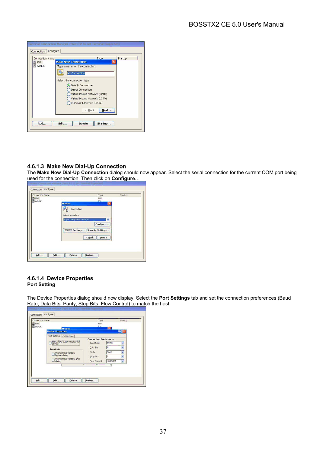 Epson BOSSTX2 CE 5.0 manual Make New Dial-Up Connection, Device Properties, Port Setting 