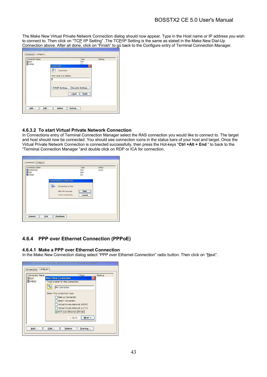 Epson BOSSTX2 CE 5.0 manual PPP over Ethernet Connection PPPoE, To start Virtual Private Network Connection 