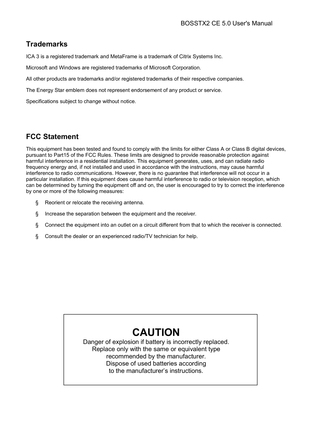 Epson BOSSTX2 CE 5.0 manual Trademarks, FCC Statement 