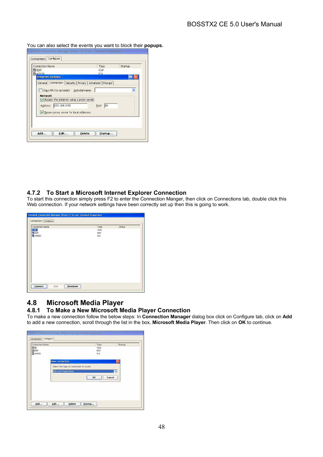 Epson BOSSTX2 CE 5.0 manual Microsoft Media Player, To Start a Microsoft Internet Explorer Connection 